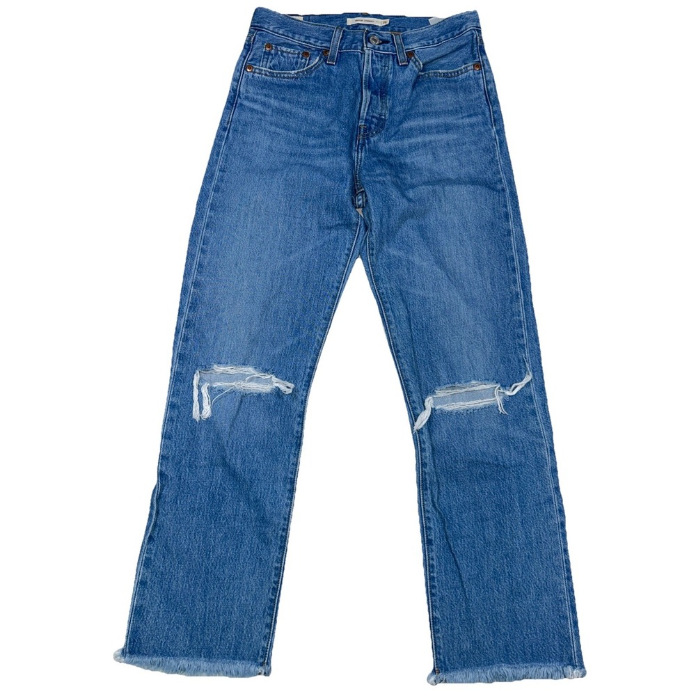 Levi's Wedgie Straight High Rise  "BIG E" Cropped‎ Frayed Hem Hole Knees Size 26